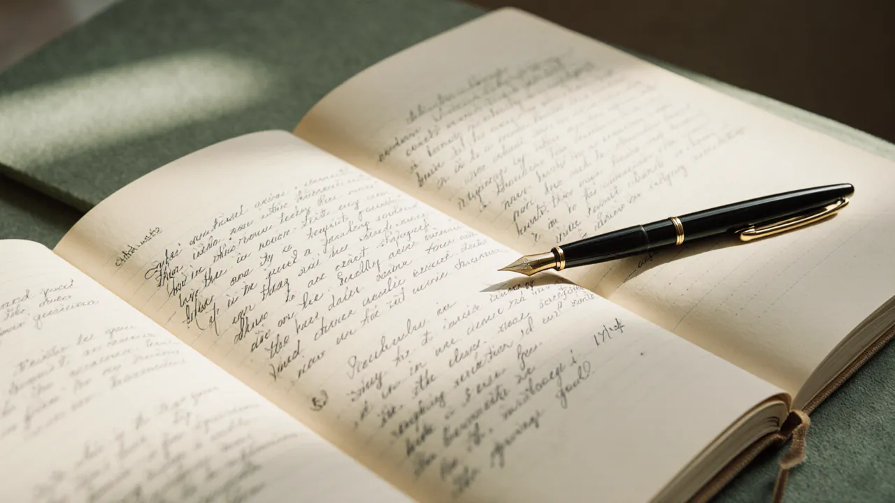 Arbeitsplatz mit handgeschriebenem Journal, Tintenfeder, Salbeigrün